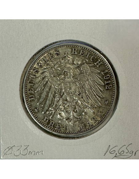 ALLEMAGNE BADEN - 3 MARK - 1912 G - Pièce de Monnaie en Argent // Qualité : TTB