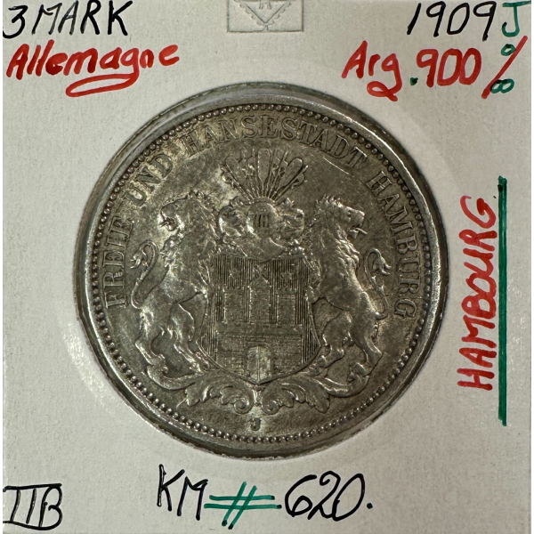 ALLEMAGNE HAMBOURG - 3 MARK 1909 J -...