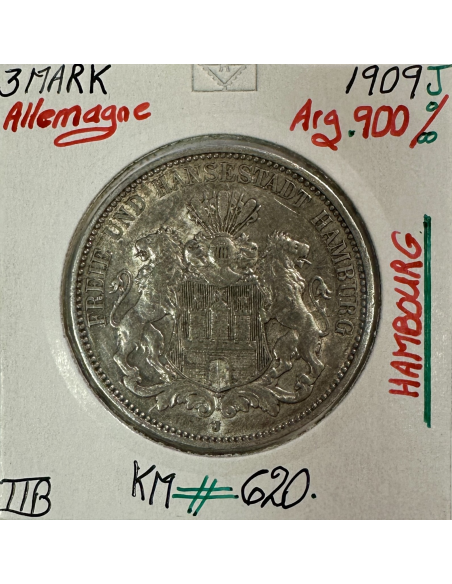 ALLEMAGNE HAMBOURG - 3 MARK 1909 J - Pièce de Monnaie en Argent // Qualité : TTB