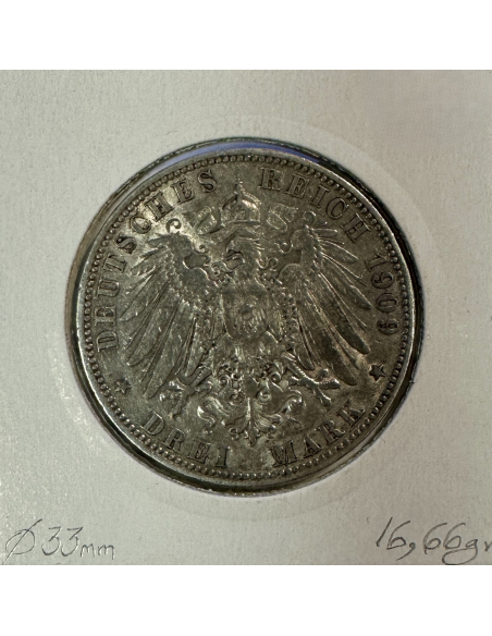 ALLEMAGNE HAMBOURG - 3 MARK 1909 J - Pièce de Monnaie en Argent // Qualité : TTB
