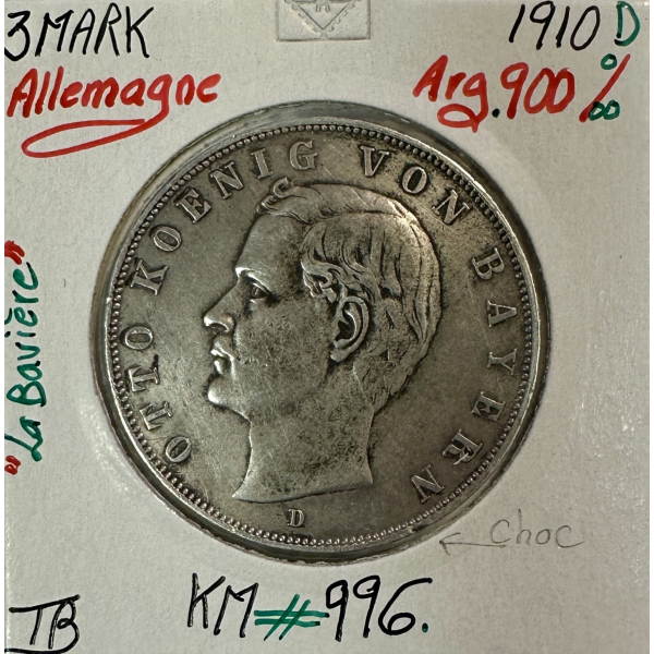 ALLEMAGNE BAVIERE - 3 MARK 1910 D -...