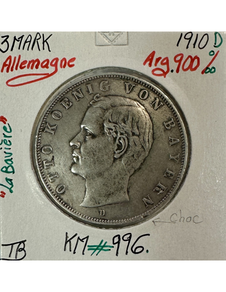 ALLEMAGNE BAVIERE - 3 MARK 1910 D - Pièce de Monnaie en Argent // Qualité : TB