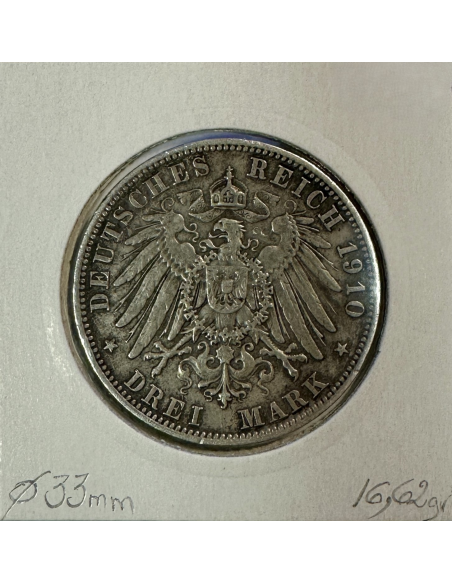ALLEMAGNE BAVIERE - 3 MARK 1910 D - Pièce de Monnaie en Argent // Qualité : TB