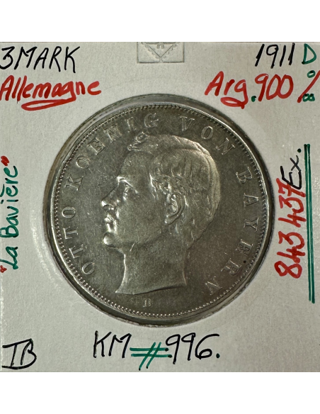 ALLEMAGNE BAVIERE - 3 MARK 1911 D - Pièce de Monnaie en Argent // Qualité : TB