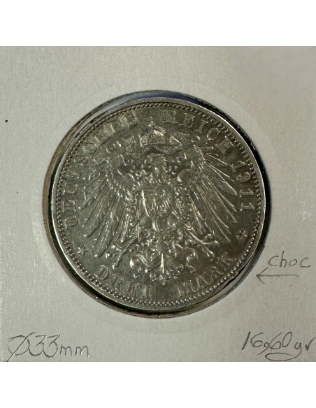 ALLEMAGNE BAVIERE - 3 MARK 1911 D - Pièce de Monnaie en Argent // Qualité : TB