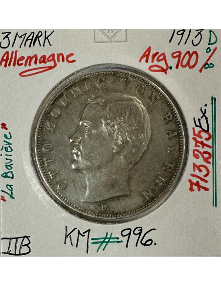 ALLEMAGNE BAVIERE - 3 MARK 1913 D - Pièce de Monnaie en Argent // Qualité : TTB