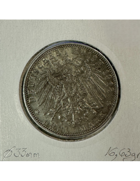 ALLEMAGNE BAVIERE - 3 MARK 1913 D - Pièce de Monnaie en Argent // Qualité : TTB