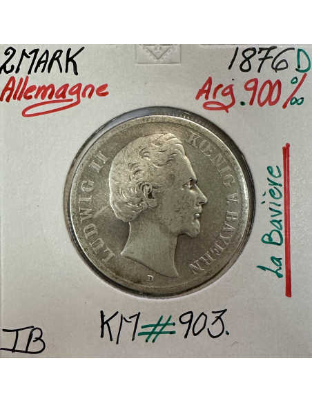 ALLEMAGNE BAVIERE - 2 MARK 1876 D - Pièce de Monnaie en Argent // Qualité : TB