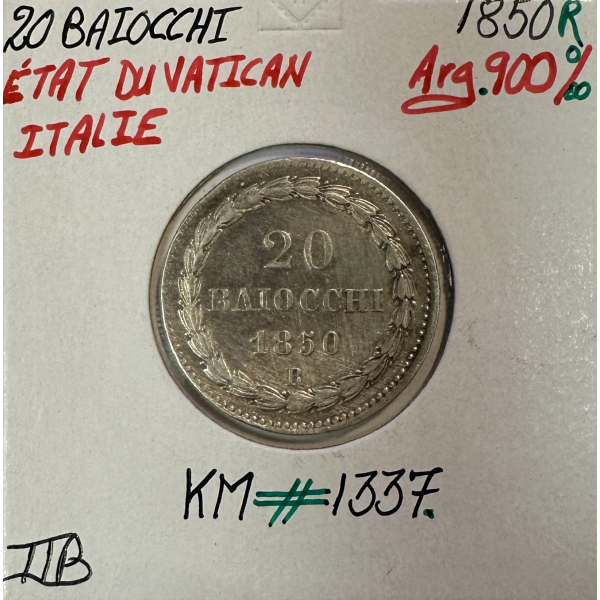 VATICAN - 20 BAIOCCHI 1850 R (Pape...