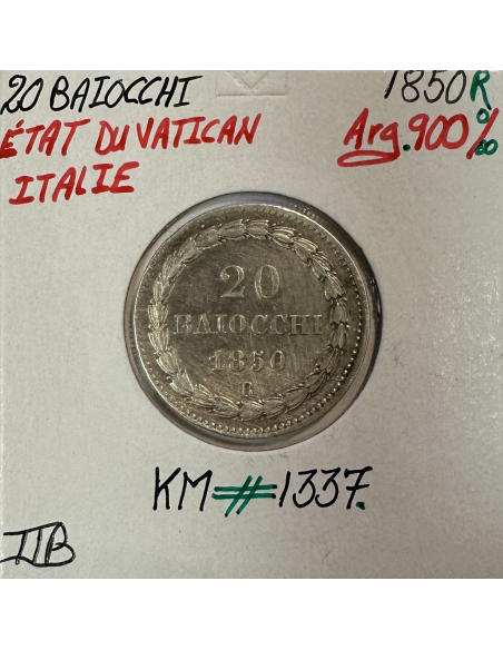VATICAN - 20 BAIOCCHI 1850 R (Pape PIE IX) Monnaie en Argent / Qualité : TTB