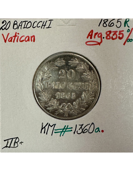 VATICAN - 20 BAIOCCHI 1865 R (Pape PIE IX) Monnaie en Argent / Qualité : TTB