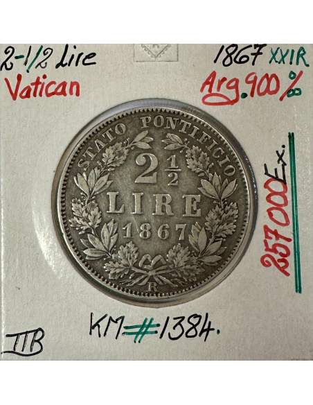 VATICAN - 2,5 LIRE (2½ Lire) 1867 XXIR (Pape PIE IX) Monnaie en Argent // TTB