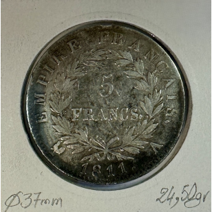 5 FRANCS EMPIRE - 1811A - Pièce de Monnaie en Argent // TB 2