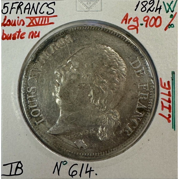 5 FRANCS LOUIS XVIII - 1824W - Pièce...