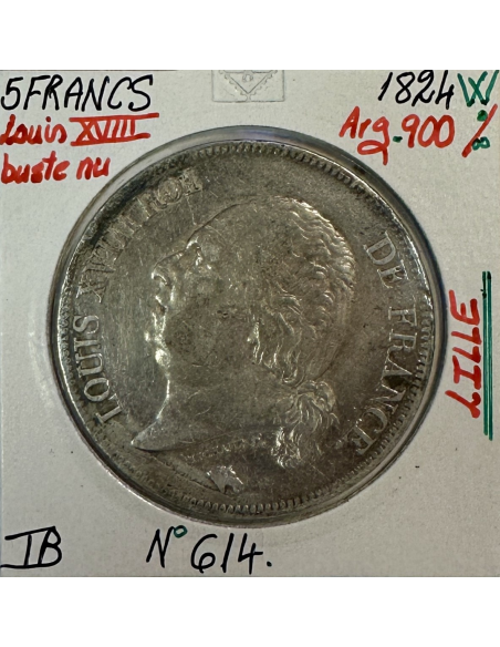 5 FRANCS LOUIS XVIII - 1824W - Pièce de Monnaie en Argent // TB
