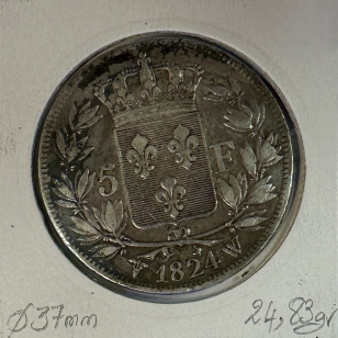 5 FRANCS LOUIS XVIII - 1824W - Pièce de Monnaie en Argent... 2