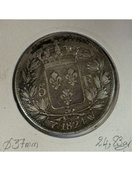 5 FRANCS LOUIS XVIII - 1824W - Pièce de Monnaie en Argent // TB