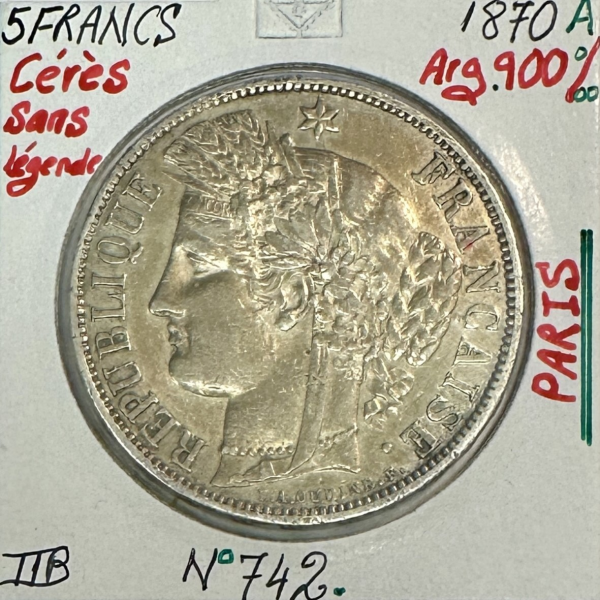 5 FRANCS CERES - 1870A - Sans Légende...