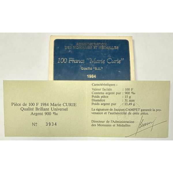 100 FRANCS COMMEMORATIVE (1984) Marie...