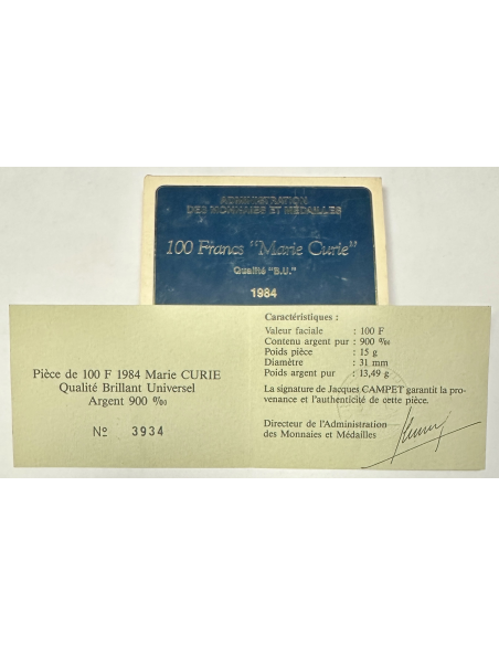 100 FRANCS COMMEMORATIVE (1984) Marie Curie - Monnaie en Argent // BU