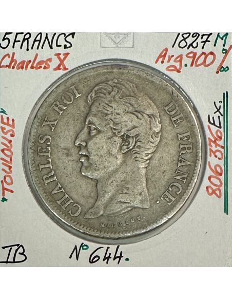 5 FRANCS CHARLES X (1827 M) Pièce de Monnaie en Argent // Qualité : TB