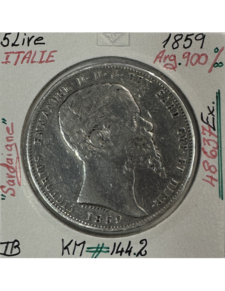 ITALIE - 5 LIRE 1859 - SARDAIGNE - Pièce de Monnaie en Argent // Qualité : TB