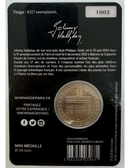 MINI-MEDAILLE - JETON - la Monnaie de Paris 2019 // JOHNNY HALLYDAY sous Blister