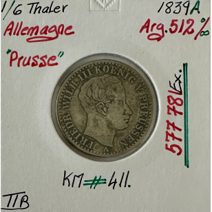 ALLEMAGNE PRUSSE - 1/6 THALER 1839 A - Pièce de Monnaie...