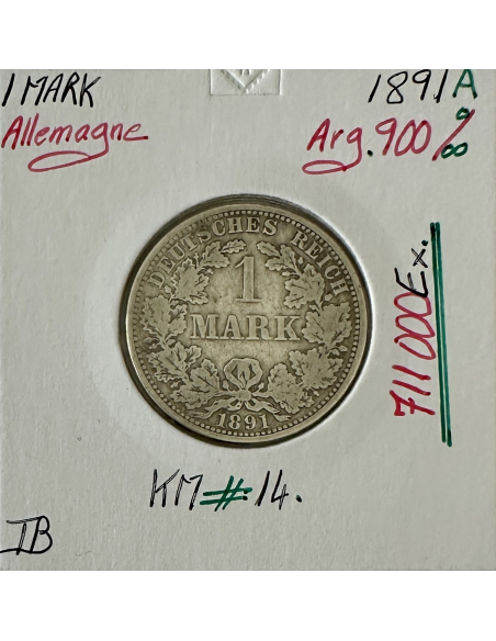 ALLEMAGNE - 1 MARK - 1891 A - Pièce de Monnaie en Argent // Qualité : TB