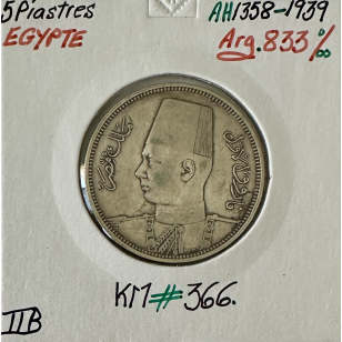 EGYPTE - 5 PIASTRES 1939 (AH 1358) - Monnaie en Argent //...