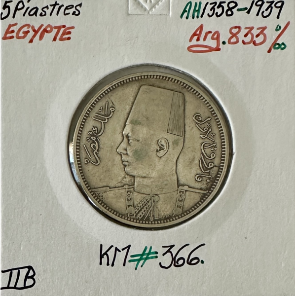 EGYPTE - 5 PIASTRES 1939 (AH 1358) -...