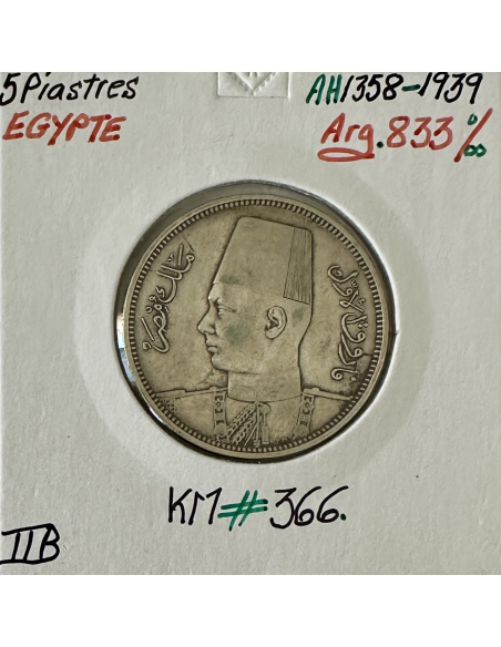 EGYPTE - 5 PIASTRES 1939 (AH 1358) - Monnaie en Argent // Qualité : TTB