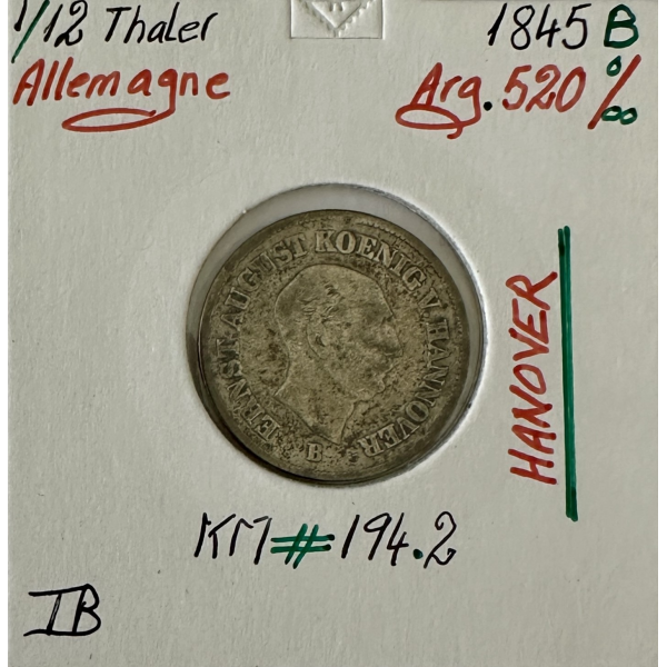 ALLEMAGNE - 1/12 THALER 1845 B -...