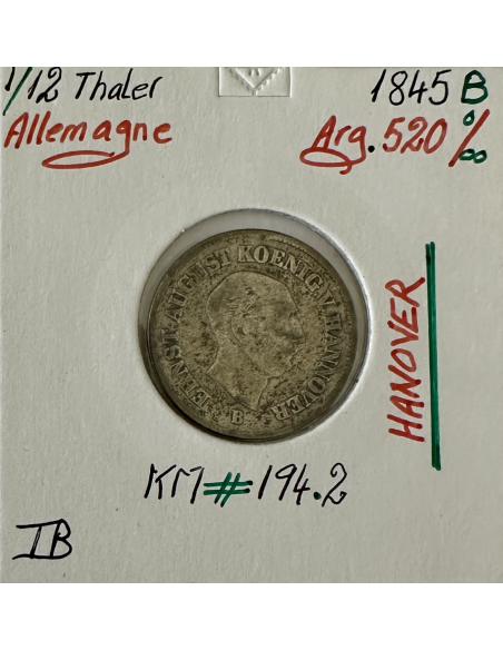 ALLEMAGNE - 1/12 THALER 1845 B - Pièce de Monnaie en Argent // Qualité : TB