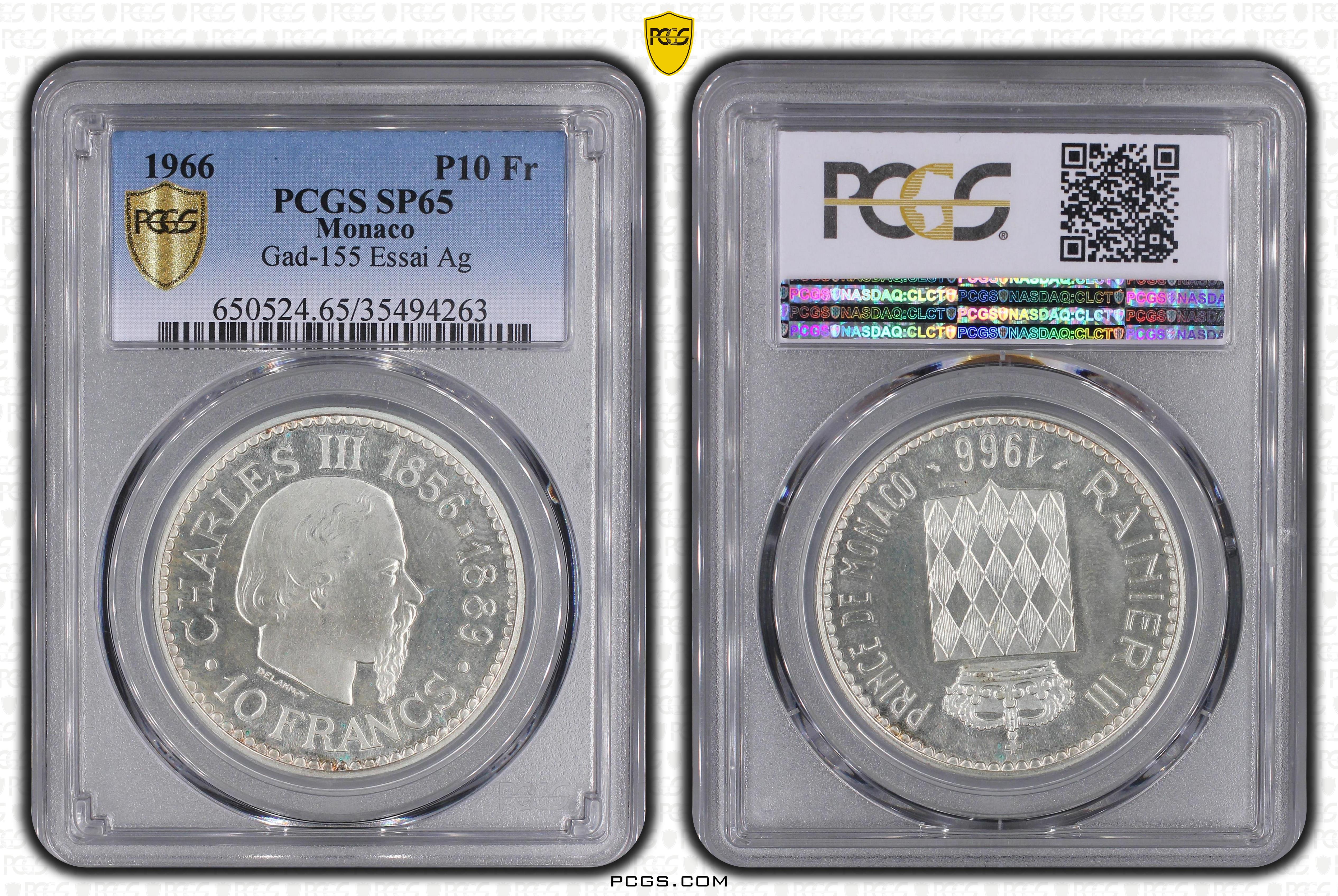 MONACO - 10 FRANCS 1966 (Charles III) Monnaie en Argent certifiée PCGS // ESSAI - Imagen 1 de 1