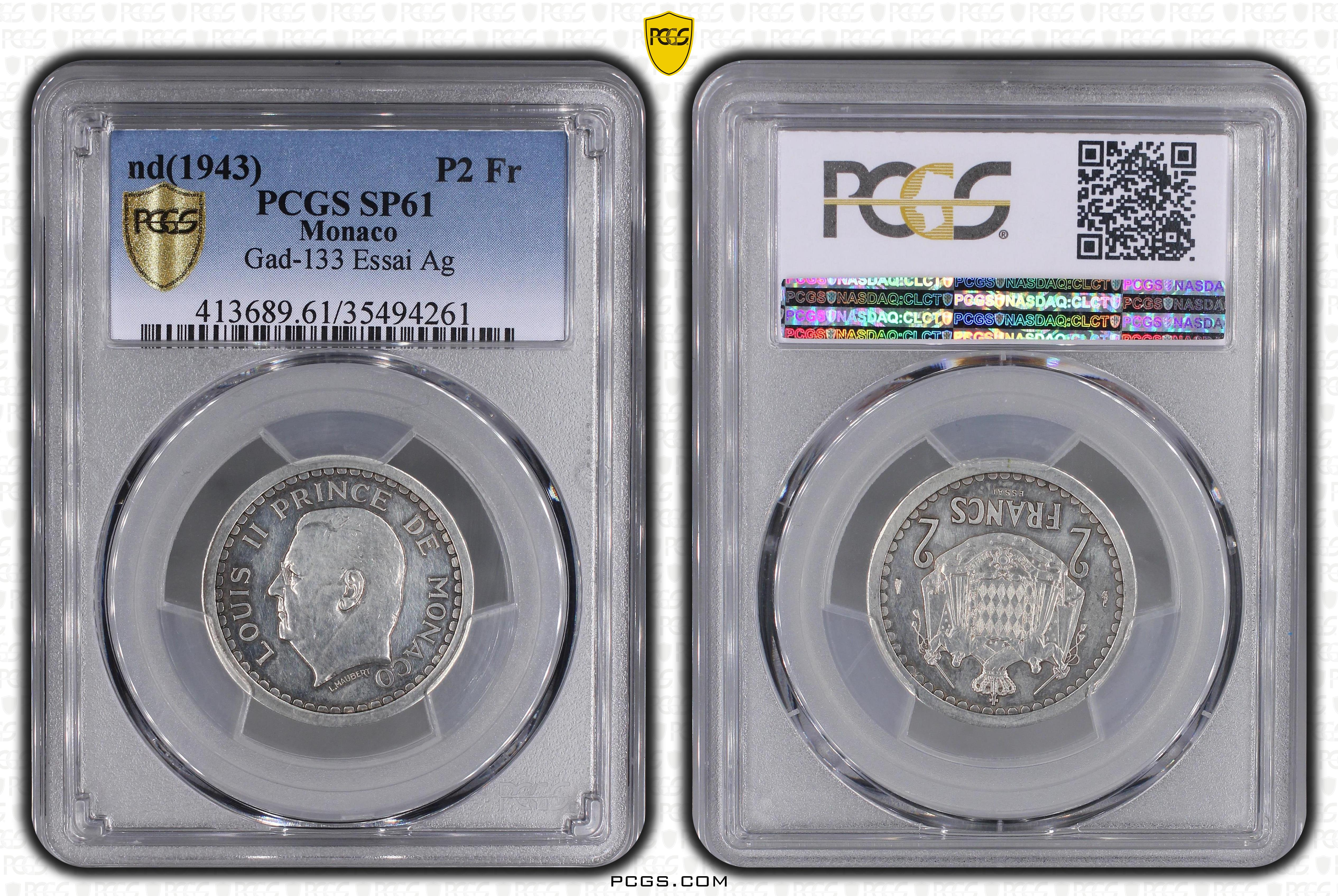 MONACO - 2 FRANCS 1943 (Louis II) PCGS Certified Silver Coin // TEST - Picture 1 of 1