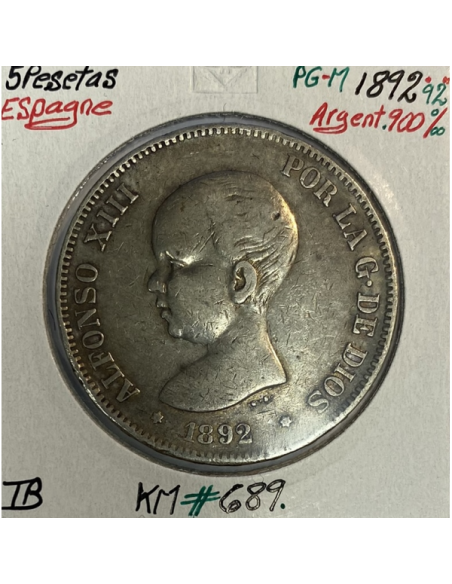 ESPAGNE - 5 PESETAS 1892 PG-M - Pièce de Monnaie en Argent / Qualité : TB (REF2)