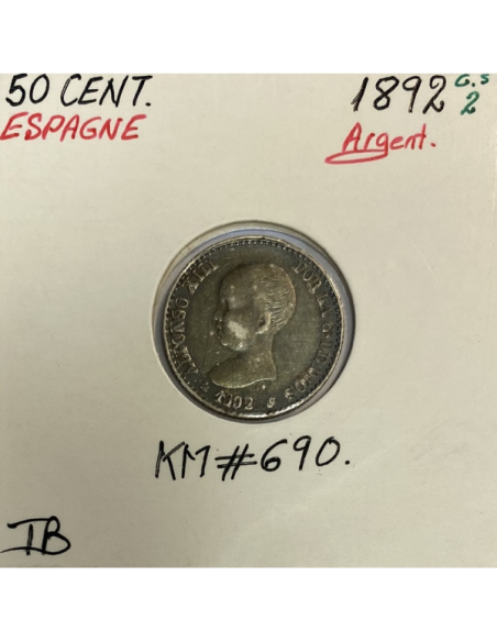 ESPAGNE - 50 CENT 1892 GS 2 - Pièce de Monnaie en Argent // Qualité : TB