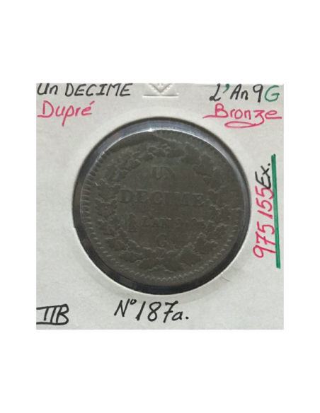 1 DECIME DUPRE - L'AN 9 G - Pièce de Monnaie en Bronze // TTB